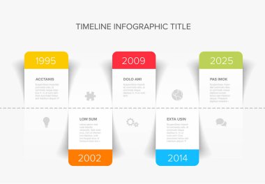 Vector simple infographic horizontal time line template with rectangle placeholders. Business company timeline overview profile with icons and text blocks. Multipurpose timeline infograph or infochart.