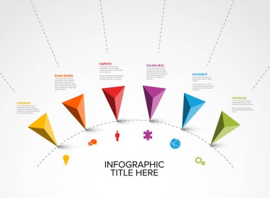 Basit noktalı daire zaman çizgisi üzerinde altı üçgen piramit okları işaretleyici iğneli renkli vektör bilgi zaman çizelgesi şablonu - altı iğneli ışık versiyonu