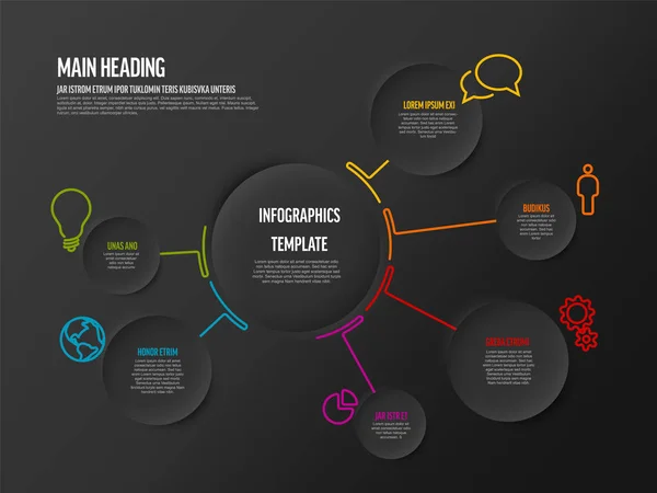 Διάνυσμα Σκούρο Πρότυπο Infographic Διάγραμμα Κατασκευασμένο Από Κύκλους Γραμμές Και — Διανυσματικό Αρχείο