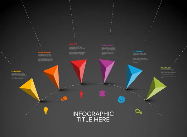 Πολύχρωμο Διάνυσμα Infographic Πρότυπο Έκθεση Χρονοδιάγραμμα Έξι Τριγωνικές Καρφίτσες Δείκτη — Διανυσματικό Αρχείο