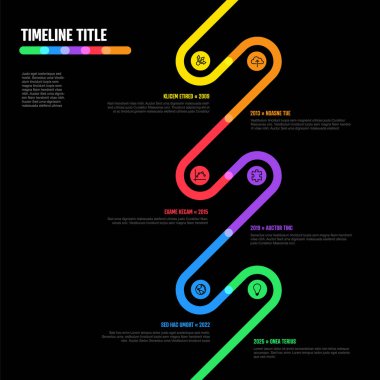 Vector Infographic Company Milestones curved vertical Timeline Template. Dark thick marker time line template version with icons. Thick Color Timeline with curves, icons and text content