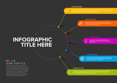 Vector dark multipurpose Infographic template made from title in big circle and five color items in long stripes with icons titles and descriptions. Multipurpose infochart template clipart