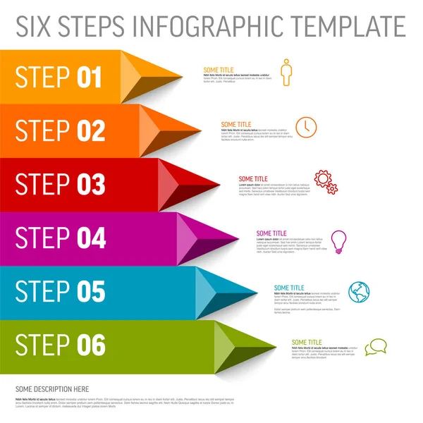 stock vector Vector multipurpose Infographic template with title and six steps items. Multipurpose Infochart with modern colors stripe lines icons and pyramid triangle arrows pointing on one direction. 