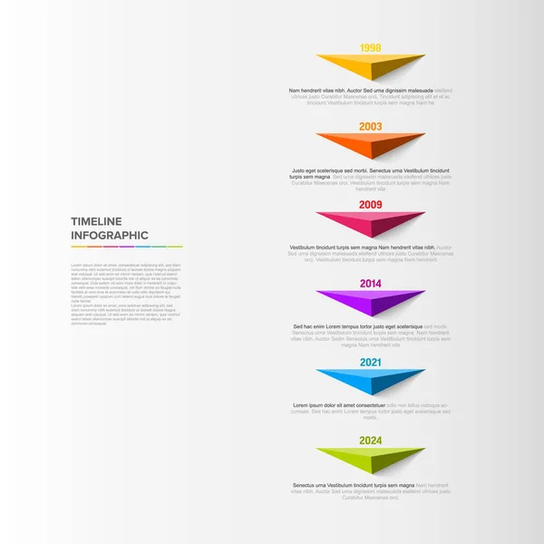 Bunte Vektorinfografik Timeline Berichtsvorlage Mit Sechs Dreieck Pyramidenpfeil Pins Auf — Stockvektor