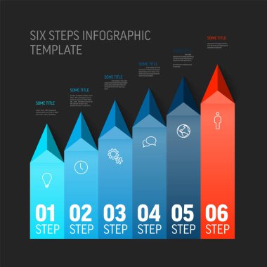 Başlık ve altı dikey adım ögesine sahip çok amaçlı vektör bilgi şablonu. Modern renkler çizgili çok amaçlı karanlık bilgi tablosu simgeler ve piramit üçgeni okları tek bir yönü gösteriyor. 