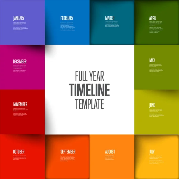 Cały Rok Timeline Szablon Wszystkich Tęczowych Kolorowych Miesięcy Jako Kwadraty — Wektor stockowy