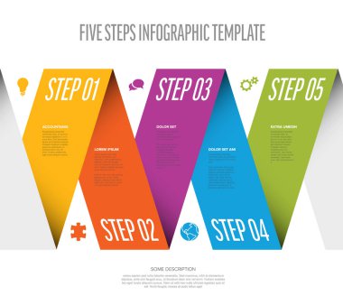 Beş vektör blok adım şablonu tanımlamaları ile, büyük sayılar. Görev tanımlamaları, simgeler ve gölgelerle sıralı beş yeni renk yatay katlanmış kağıt şerit adım