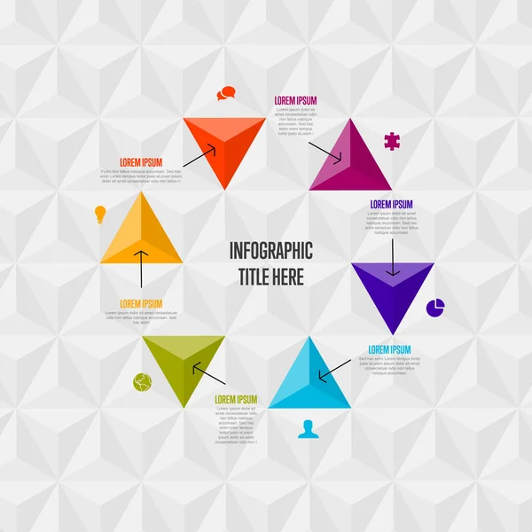 ベクトル多目的タイトルと6つの要素のオプションとサイクル中のアイコンと大きなピラミッド三角形の矢印と白の背景に現代的な色のインフォグラフィックサイクルテンプレート — ストックベクタ