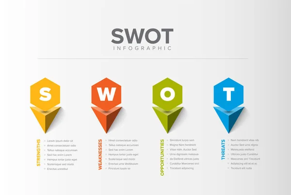 矢量Swot 图式模板由四个五彩缤纷的六边形指针和大写字母组成 Swot简约信息图表模板 — 图库矢量图片