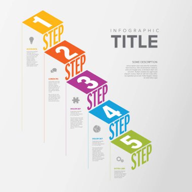 İş akışı, iş şeması veya prosedür diyagramı için vektör Infographic adımları şeması - simgeler ve izometri metinleri ile ışık versiyonu. Başlık tanımları ve simgeleriyle ilerleme adımları
