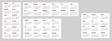 2024 yılı için vektör beyaz takvim şablonları koleksiyonu (haftalar pazar günü başlar). Tüm takvim ayları ile ışık şablonunun dört yerleşim sürümü - basit minimalist takvim şablonu
