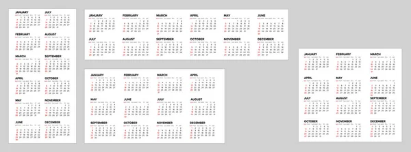 2024年のベクトル白いカレンダーのレイアウトテンプレートのコレクション 週は日曜日に始まります すべてのカレンダー月を持つライトテンプレートの4つのレイアウトバージョン シンプルなミニマリスティックカレンダーテンプレート — ストックベクタ