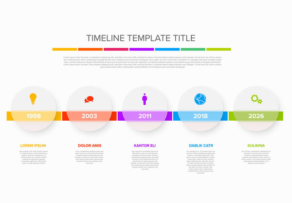 Vector light color time line with icons in five semi transparent matt glass circles template  with icons, descriptions and rainbow colorful arrows timeline in the white background. 