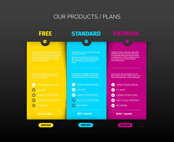 Product features schema template cards with three services, feature lists, order buttons and descriptions. Pricing table dark template with three options product subscription types with list of features