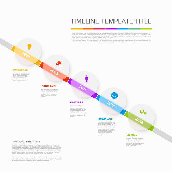 Vector light color diagonal time line with icons in five semi transparent matt glass circles template  with icons, descriptions and rainbow colorful arrows timeline in the white background. 