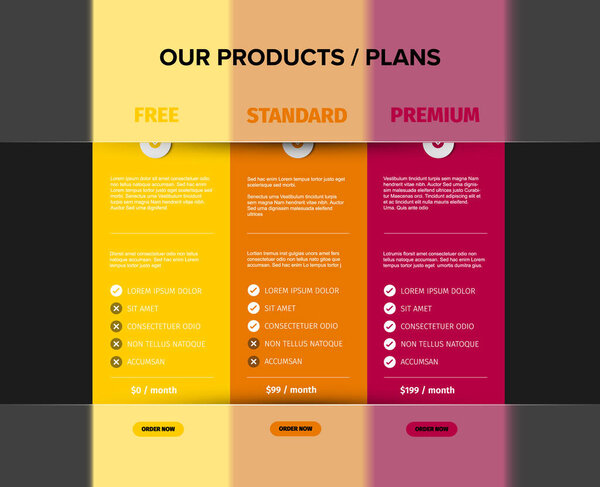 Product features schema template cards with three services, feature lists, order buttons and descriptions. Pricing table dark template with three options product subscription types with list of features