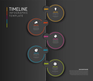 Koyu gri zaman çizgisi adım kartları, simgeler ve tanımlamaları olan vektör koyu bilgi şablonu. Beş adım elemanı ve renk sınır çizgisiyle basit minimalist çok amaçlı bilgi şeması şablonu