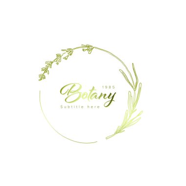 Minimalist açık yeşil metalik lavanta çiçekli amblem işaretli geometri şablonu düğün davetiyeleri için çiçek ve yapraklardan yapılmış beyaz arka planda ürün baskısı veya amblem işareti
