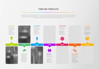 Çoklu amaçlı basit ışık süreci şablonu açıklamaları, simgeleri ve fotoğraf yer tutucuları - evrensel minimalist bilgi çizelgesi zaman çizelgesi düzeni