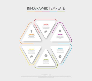 Açık arkaplan üzerinde başlıklı çok amaçlı bilgi şablonu ve tringle şekilli altı element seçeneği ve simgeli modern renkler