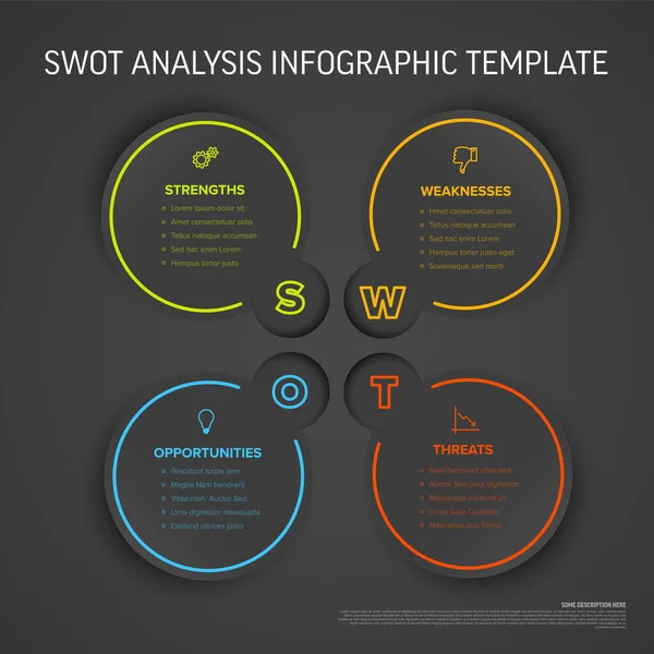 Vector Oscuro Swot Fortalezas Debilidades Oportunidades Amenazas Diagrama Plantilla Hecha — Vector de stock