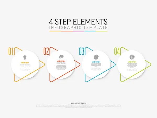 stock vector Vector light Infographic template with white circle step cards, icons and descriptions. Simple minimalistic multipurpose infochart template with four step elements and color border triangle arrow  line