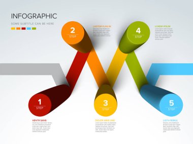 Renk köşegen silindirli basamak çizelgesinden yapılmış çok amaçlı vektör ışık bilgi şablonu. Renk çizgileri ve efsaneler - 5 adım elemanlı beyaz arkaplan versiyonu