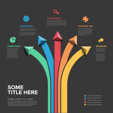 Renkli oklar ve ilgili metin kutularının yer aldığı profesyonel olarak tasarlanmış bir bilgi grafiği. Her ok farklı metin alanlarıyla eşleştirilmiştir. Çok amaçlı bilgi şablonu