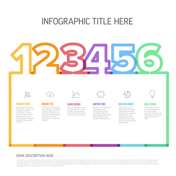 Färgglada Sex Steg Infographic Mall Med Tydlig Titel Utrymme Och — Stock vektor