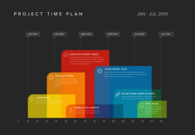 Zaman çizgisindeki her işlem için büyük renk bloğu içeren proje zaman çizgisi gantt şeması şablonu. Örnek metin ve simgelerle proje yönetimi planlama diyagramı