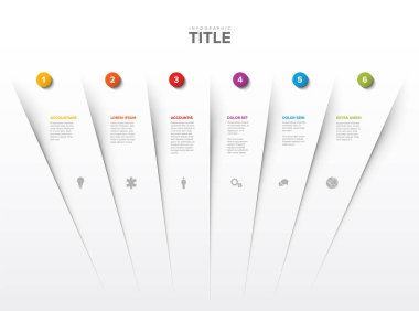 Beyaz arkaplandaki altı adım şablonuyla soyut şema şablonu, sayı simgeleriyle ışık gölgesine ve bazı tanımlara bölünür. Çok amaçlı bilgi şablonu