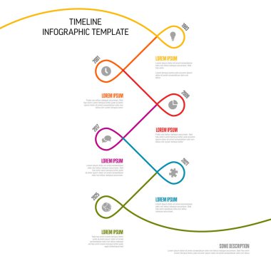 Vector Infographic Company Milestones, döngü şablonu ile zaman çizelgesini büktü. Simgeli hafif ince büküm zaman çizgisi şablon versiyonu. Eğriler, simgeler ve metin içeriğiyle ince renk zaman çizelgesi
