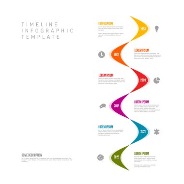 Beyaz zemin üzerinde dalgalı eğriler şablonu olan dikey renk zaman çizgisi. Basit minimalist dikey zaman çizelgesi dizaynı şablonu