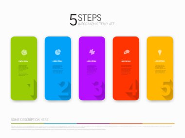 Vector light Infographic template with rounded colorful cards in one row with big numbers icons titles and descriptions. Simple minimalistic time line steps template clipart