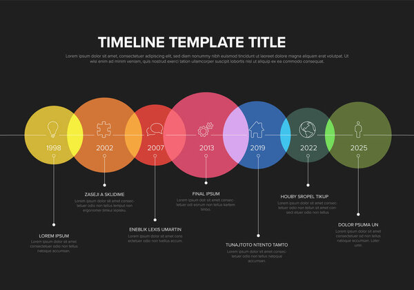 Vector time line infochart template with highlighet circle milestones with icons and year numbers in color transparent block intervals descriptions and titles Multipurpose dark infographic