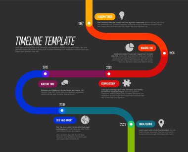 Gökkuşağı rengi kalın çizgi segmentlerinden oluşan basit bir zaman çizelgesi şablonu. Ana dönüm noktalarını gösteren çok amaçlı bilgi şeması şablonu veya koyu arkaplan üzerinde önemli aşamalar.