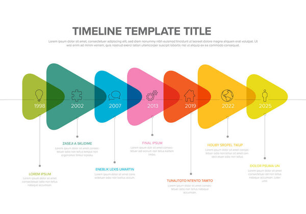 Vector time line infochart template with highlighet triangle arrows milestones with icons and year numbers in color transparent block intervals descriptions and titles Multipurpose infographic
