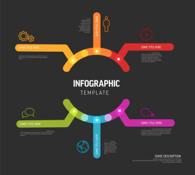 Vector Infographic diagram template made from lines and icons - big circle infochart in the midle with smaller elements with descriptions and thick color lines on black background