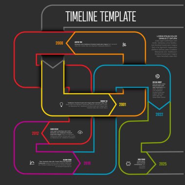 Colorful simple infochart tangle timeline template with arrows on thick color lines, icons, short descriptions and year numbers. Infographic timeline on black background