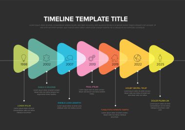 Vector dark time line infochart template with highlighted triangle arrows milestones with icons and year numbers in color transparent block intervals descriptions and titles Multipurpose infographic