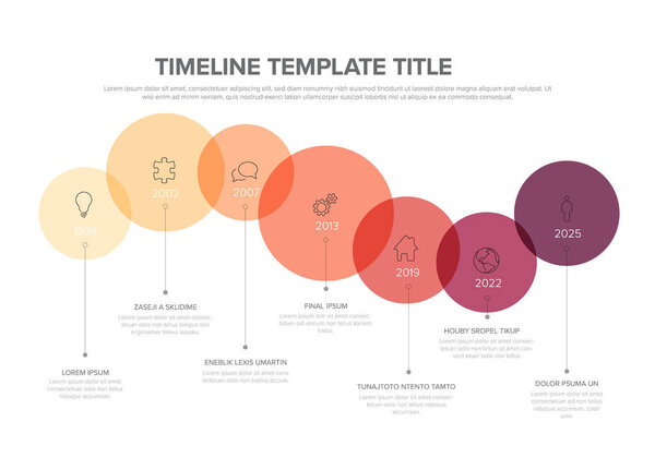 Yellow red infographic timeline template made from content circles with icons, years and some sample text content. Horizontal time line template