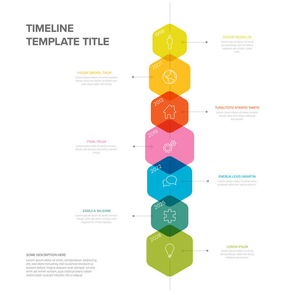 Vectorvertical time line infochart template with highlighet vertical milestone elements with icons and year numbers in color transparent block intervals descriptions and titles Multipurpose infographic