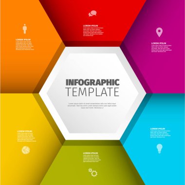 Model üzerinde büyük beyaz altıgen mücevheri olan altı renkli blok bilgi şablonu, ikonlar, başlık tanımlamaları. Modern çok amaçlı bilgi şeması şablonu