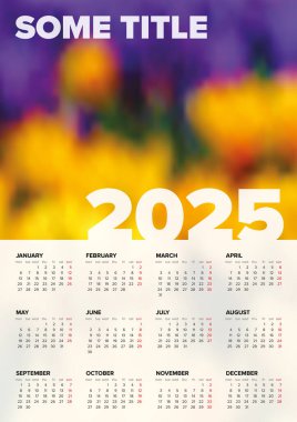 2025 yılı için vektör beyazı dikey takvim şablonu (hafta strart Monday) ve fotoğrafınız için yer. Tüm takvim ayları ile ışık şablonu 