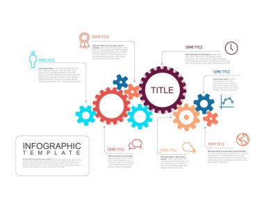 Cogwheel simgeleri ve tanımlamalarından yapılmış çok amaçlı bilgi şablonu. Motor veya tekerlek mekanizması için bilgi şeması şablonu