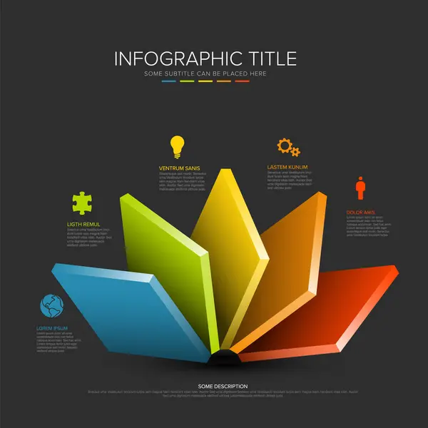 stock vector Infographic dark template with five rainbow desk levels on black background. Square blocks with icons and descriptions - multipurpose infographic template