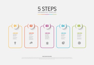 Beyaz yuvarlak kartlı vektör ışığı bilgi şablonu renkli kenarlık ve daire elemanları, simgeler ve tanımlar halinde büyük sayılar. Basit minimalist 5 adım şablonu