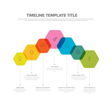 Vurgulanmış altıgen ile vektör zaman çizgisi bilgi şeması şablonu simgeleri ve yıl numaraları ile renk şeffaf blok aralıkları açıklamaları ve başlıkları çok amaçlı bilgi kaynaklarını şekillendirir
