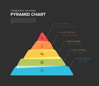 Beş seviyeli vektör Maslow İnfografik stip katmanları şablonu - koyu arkaplan üzerinde renk piramit şablonu simgeler ve üst üste bindirme bloklarından yapılan açıklamalar