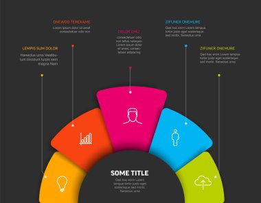 Altında beş renkli yuvarlak elementli çok amaçlı vektör bilgi şablonu, siyah merkezli fan renkli kağıt üzerinde tanımlama ve simgeler. Basit bilgi aktarma şablonu